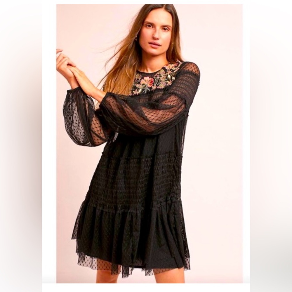 MAEVE Anthropologie Samara Black Mesh Floral Embroidered Tunic Dress S